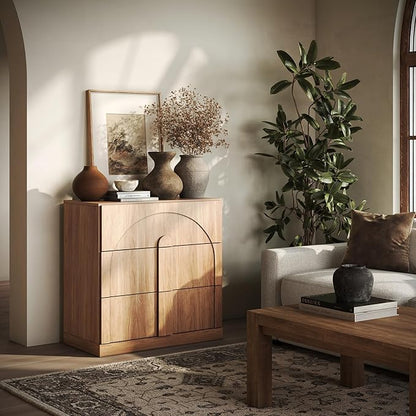 BELLEZE 31.5" Kitchen Storage Cabinet with 3 Drawers, Freestanding Accent Cabinet with Wood Handles & Arched Design, Modern Credenza for Living Room, Entryway - Camel