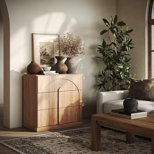 BELLEZE 31.5" Kitchen Storage Cabinet with 3 Drawers, Freestanding Accent Cabinet with Wood Handles & Arched Design, Modern Credenza for Living Room, Entryway - Camel
