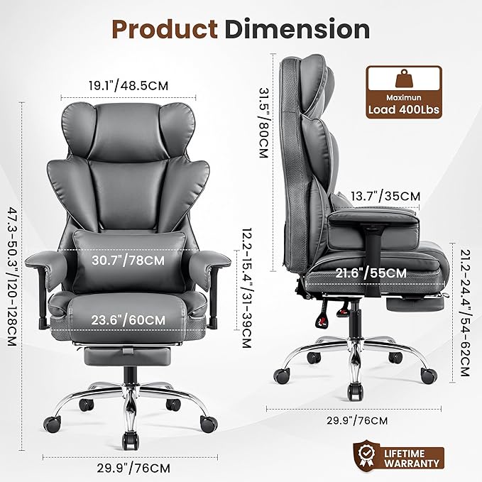 BESTFAIR Big and Tall Office Chair - High Back Executive Chair with Footrest & Lumbar Support for Heavy People, Adjustable Arms, Padded Wide Seat Computer Gaming Chair, Heavy Duty, Gray
