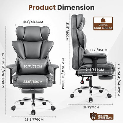 BESTFAIR Big and Tall Office Chair - High Back Executive Chair with Footrest & Lumbar Support for Heavy People, Adjustable Arms, Padded Wide Seat Computer Gaming Chair, Heavy Duty, Gray