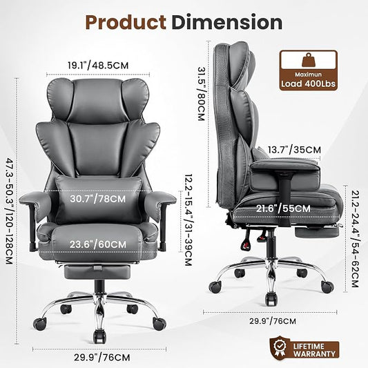 BESTFAIR Big and Tall Office Chair - High Back Executive Chair with Footrest & Lumbar Support for Heavy People, Adjustable Arms, Padded Wide Seat Computer Gaming Chair, Heavy Duty, Gray 2 Pack