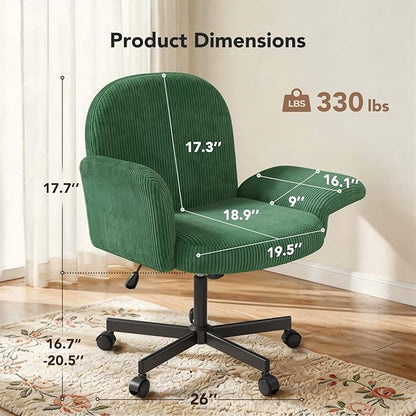 HUANUO Criss Cross Office Chair for Women, Cross Legged Desk Chair with Adjustable Armrests, Soft Corduroy Fabric for Small Spaces, Petite Home Office Computer Chair for Girls, Deep Green