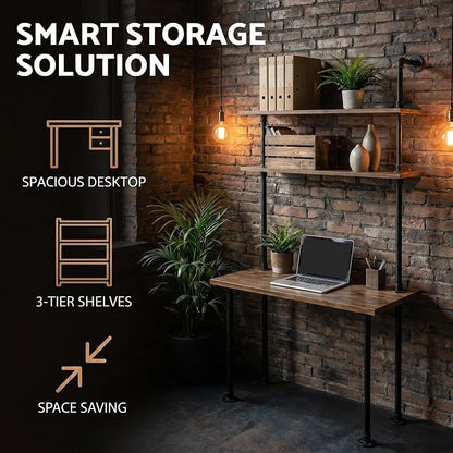 Industrial Pipe Desk with 3 Tier Shelves, Rustic Solid Wood Writing Workstation, Sturdy Metal Frame for Home Office Study Living Room Decor(40" L)
