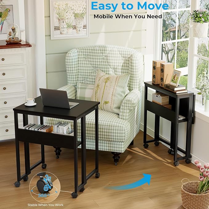 GreenForest Folding Desk with Wheels, 24.8 Inch Compact Rolling Computer Table with Storage Shelf, Portable Mobile Workstation for Small Spaces, Easy Assembly, Black