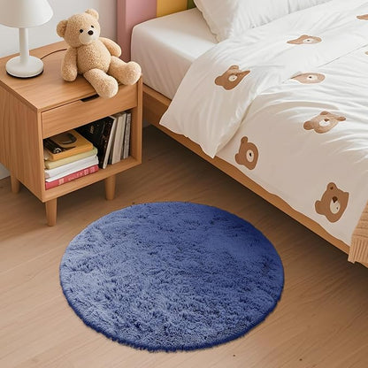 OLANLY Denim Blue Round Rugs for Bedroom - Machine Washable, 2 ft Circle Area Rugs for Living Room, Soft and Fluffy Shaggy Carpet for Teen Girl and Boys, Nursery Rooms, Dorms, Home Decor Aesthetic