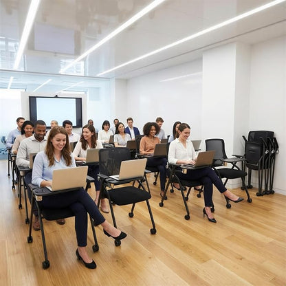 Updated Conference Room Chairs with Tablet Arm, Folding Office Desk Chair with Lumbar Support and Sliding Armrest with Casters, Stackable Office Guest Chairs & Reception Chairs, 4 Pack Black