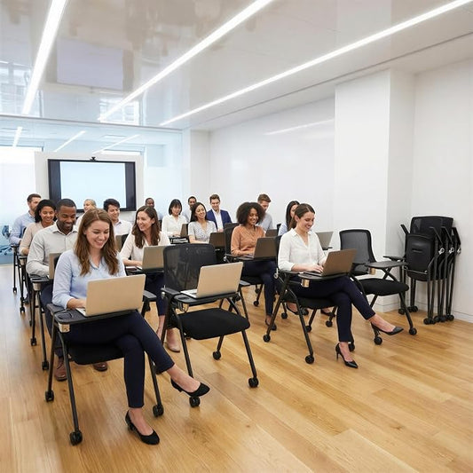 Updated Conference Room Chairs with Tablet Arm, Folding Office Desk Chair with Lumbar Support and Sliding Armrest with Casters, Stackable Office Guest Chairs & Reception Chairs, 4 Pack Black