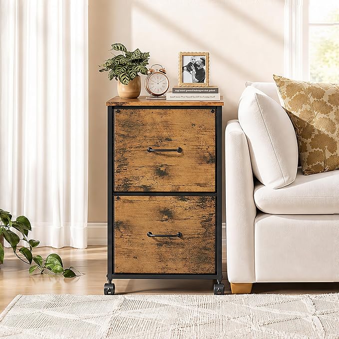 DEVAISE 2 Drawer Mobile File Cabinet, Rolling Printer Stand, Fabric Vertical Filing Cabinet fits A4 or Letter Size for Home Office, Rustic Brown Wood Grain Print
