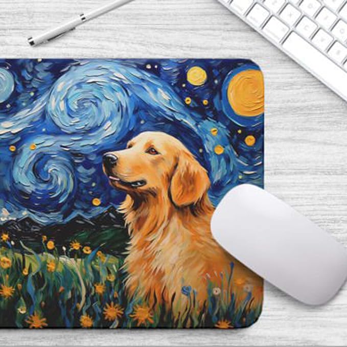 Starry Night Dog Mouse Pad for Computer Laptop Home Office Gaming Working Desk Desktop Accessories Non-Slip Rubber Mouse Pad for Dog Lovers (Golden Retriever)