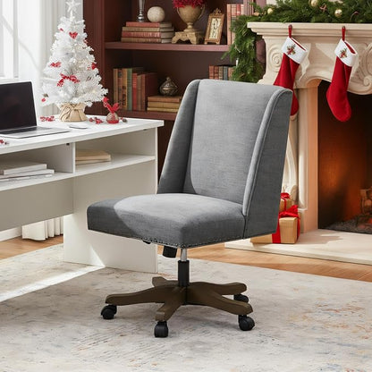 Zihanhome Upholstered Armless Home Office Chair with Wooden Legs, Modern Office Desk Chair No Arms Sewing Chair Adjustable Swivel Desk Chair for Farmhouse Office Study Studio (Dark Gray)