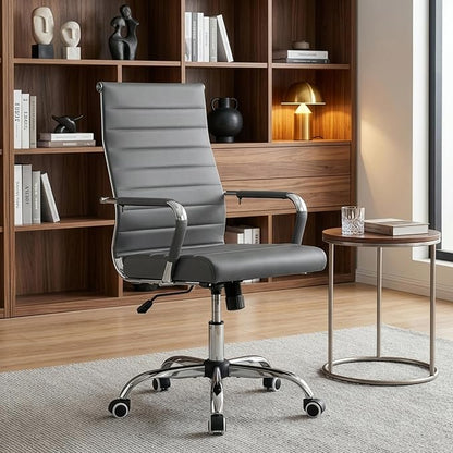 Okeysen Grey Office Desk Chair, Ergonomic Leather Modern Conference Room Chairs, Executive Ribbed Adjustable Swivel Rolling Chair for Home Office.