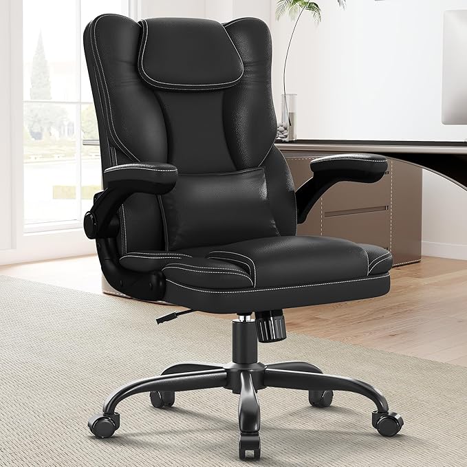 Ergonomic Office Chair with Flip-Up Armrests, Mid Back Executive PU Leather Desk Chair, Height Adjustable with Lumbar Support, Rocking & Swivel Computer Chair for Home Office