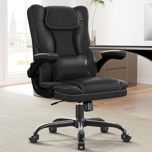 Ergonomic Office Chair with Flip-Up Armrests, Mid Back Executive PU Leather Desk Chair, Height Adjustable with Lumbar Support, Rocking & Swivel Computer Chair for Home Office