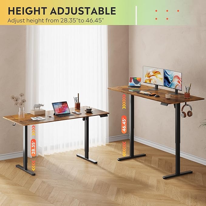 DEVAISE 63 Inch Electric Standing Desk, 3 Adjustable Computer Desk for Home Office, Ergonomic Sit to Stand Desk with LED Touchscreen，Headphone Hook, 3 Memory Preset, with Split Top, Rustic Brown