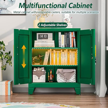 winiowa Tall Metal Storage Cabinet with Lock, Locking File Cabinet with 2 Doors and 2 Adjustable Shelves, Green Lockable Organizer for Home Office Garage（27.6" W）