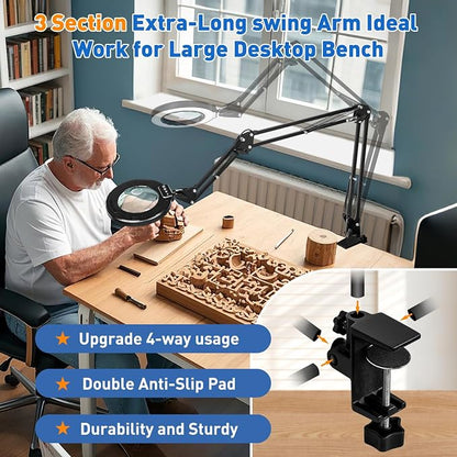 HITTI Ultra Long 12X & 30X Magnifying Glass with Light and Clamp, 5 Color Modes Steepless Dimming Desk Lamp, Swivel Arm Workbench Light, Hands Free Lighted Magnifier Stand for Craft Reading Hobby