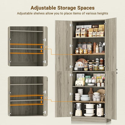 Cyclysio 80" Storage Cabinet, Tall Arched Bookcase with 4 Soft Close Doors, 6-Tier Wooden Pantry with Adjustable Shelves, Seamless Fit Wall for Home Office, Living Room, Kitchen (Ash Grey)