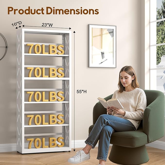 UNICOLY 5 Tier White Bookshelf, 55" H Tall Bookshelf with 5 Storage Shelves, Heavy Duty Deep Shelves, Open Shelf Bookcase with 5 Bookends, Modern Display Shelves for Books, Toys, CD, W23×D10“