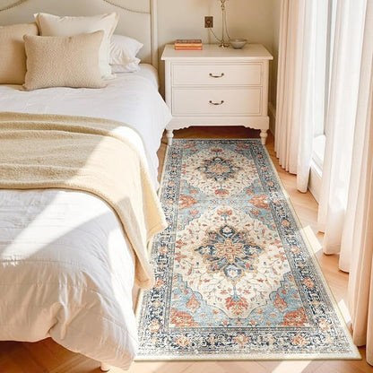 RELEANY Area Rugs Runner 3'x6' Washable Non-Slip, Floral Vintage Distress Medallion Carpet for Kitchen Hallway Bedroom Beside Laundry Room Bathroom, Beige Navy Blue Orange Colorful