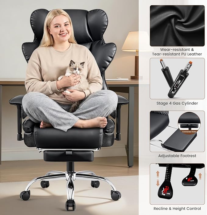BESTFAIR Big and Tall Office Chair - Heavy Duty 400 LBS Executive Chair with Lumbar Support & Foot Rest, High Back Ergonomic Desk Chair, Padded Wide Seat Gaming Chair, Adjustable Armrests, Black