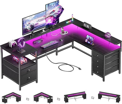 Furologee 66" Reversible L Shaped Gaming Desk with 6 Drawers & Printer Storage Shelves, Corner Computer Desk with Power Outlets & LED Lights, Home Office Table with Monitor Stand, Black