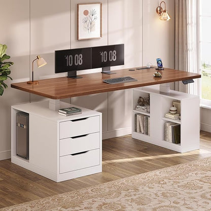 SEDETA Modern Electric Standing Desk, 63" Height Adjustable Computer Desk with 3 Drawers, Storage Shelves, Power Outlets, Wood Home Office Stand up Desk for Work, Study, Writing, White + Brown