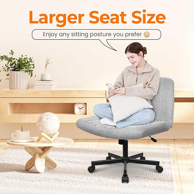NEO CHAIR Criss Cross Chair with Wheels Home Office Cross Legged Armless Chairs Ergonomic Adjustable Computer Desk Task Wide Seat for Bedroom Vanity Comfy Swivel (Grey)