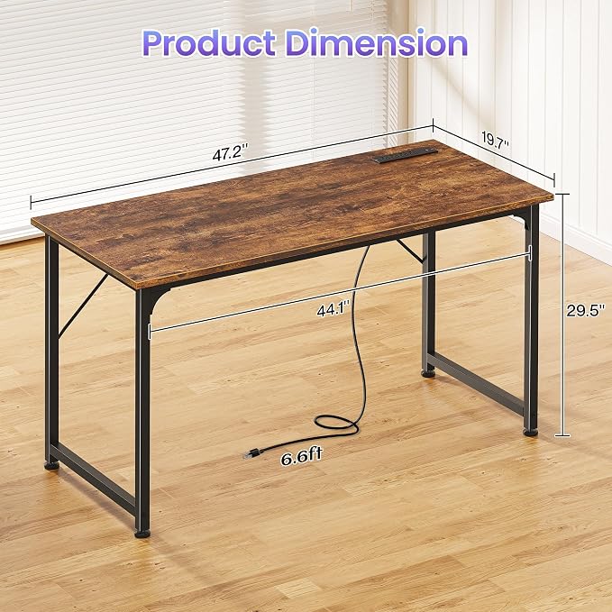 PRAISUN 47 X 20 Inch Office Computer Desk with Power Outlets and USB-C Port, Larger Gaming Desk, for Home Office, Study, Bedroom, Writing Work from Home Table, Metal Frame, Rustic Brown