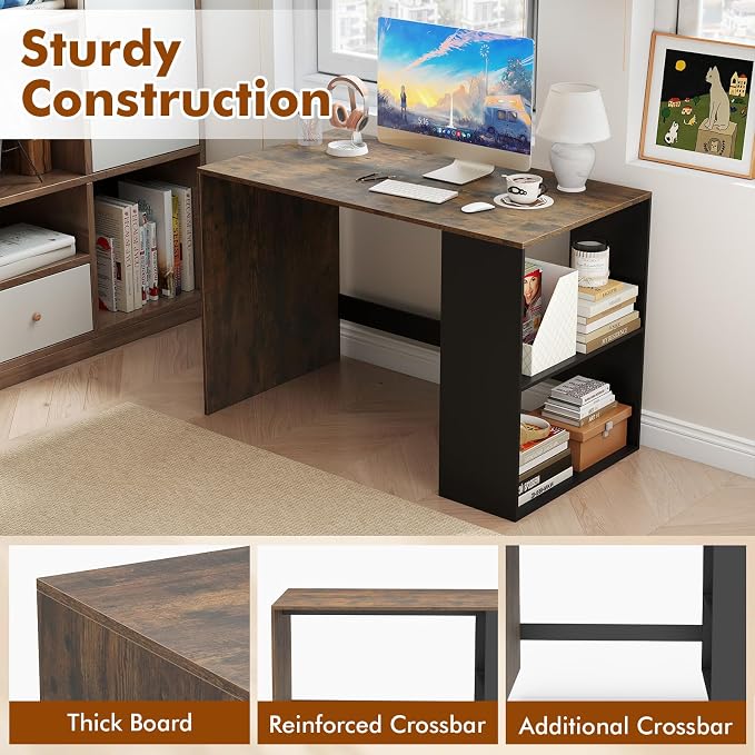 Tangkula Computer Desk, 44" Home Office Desk with 2-Tier Bookshelf, Study Writing Desk, Wooden Laptop Desk for Small Space, PC Workstation for Bedroom & Living Room (Rustic Brown & Black)