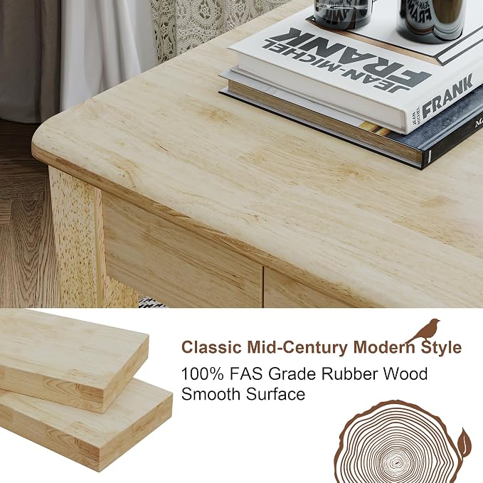 Solid Wood Desk with Drawers - 39 x 16 Inch Simple Narrow Desks, Rubber Wood Study Table, Small Writing Desk for Small Spaces|Bedroom - Natural Boho Desks