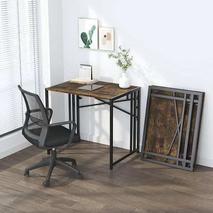 Lutown-Teen 32 inch Small Folding Computer Desk, Writing Gaming Computer Desk for Small Spaces, No Assembly Required Home Office Desk, Rustic Brown