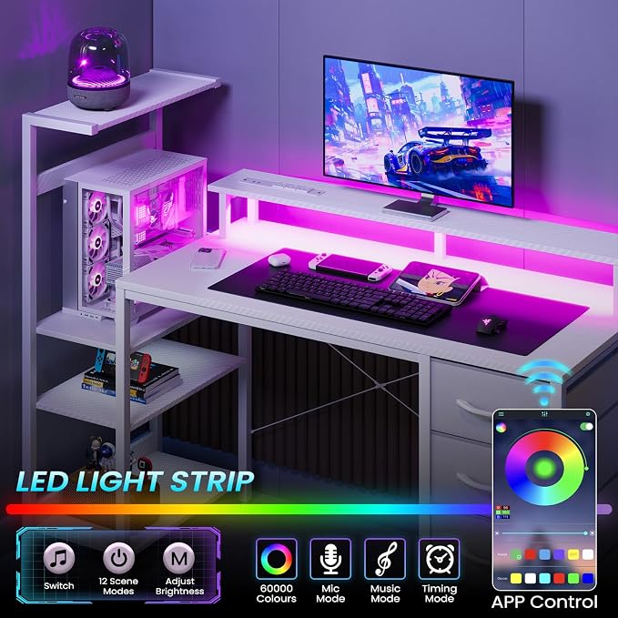 51 Inch Gaming Desk with Power Outlet and LED Lights, Computer Desk with 4 Drawers & Storage Shelves, Reversible Home Office Desk with Monitor Stand for Small Space Bedroom, Carbon Fiber White