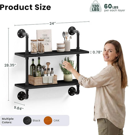 HDDFER Bathroom Floating Shelves for Wall - Industrial Pipe Shelving Shelves Wall Mounted Shelf Over Toilet 24" Farmhouse Home Decor Display Bookshelf Set of 2,Oak