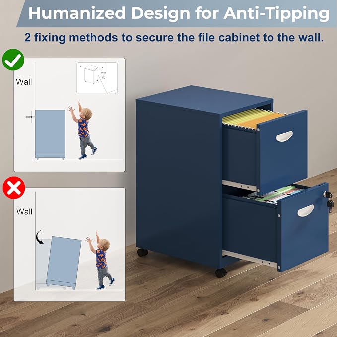 UNICOLY 2 Drawer File Cabinet with Lock, Filing Cabinets with Wheels, Rolling File Cabinets for Home Office, Metal Office File Cabinet, Mobile Filing Cabinet for Holding Letters and File Boxes, Blue