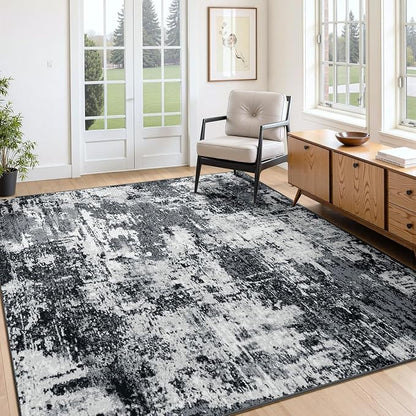 RELEANY Washable Area Rugs Square 7ft Non-Slip Modern Abstract Soft for Living Room Entryway Bedroom Kitchen, Print Pattern, Black Navy Blue Gray