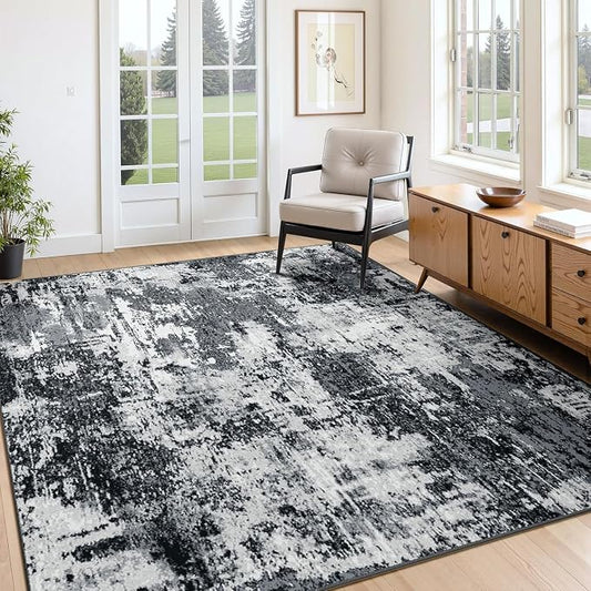 RELEANY Washable Area Rugs Square 7ft Non-Slip Modern Abstract Soft for Living Room Entryway Bedroom Kitchen, Print Pattern, Black Navy Blue Gray