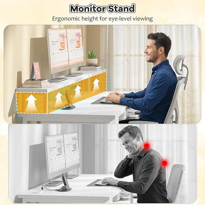White Office Desk with 55" Long Monitor Stand and 18" Ample Printer Space, Computer Desk With RGB Lights and 3 AC Power Outlets, Zoned Storage Drawer and File Shelves, Study Desk, Writing Desk