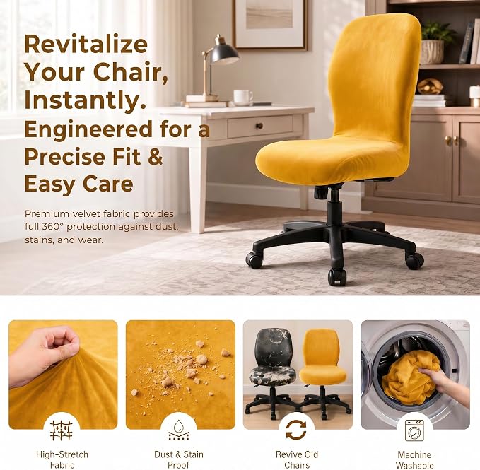 Deisy Dee Velvet Stretch Armless Office Chair Covers - Colorful Stretch Slipcover for Desk Chairs (Golden Yellow)