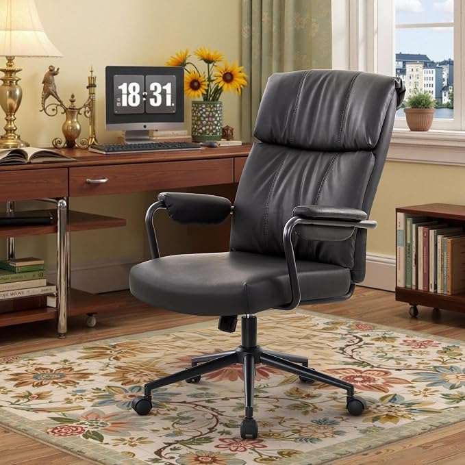 IWMH Home Office Desk Chair, Comfy Ergonomic Mid Century Modern Faux Leather Fabric Office Chair with Lumbar Support, Adjustable Height High-Back Swivel Computer Chairs, (Black)
