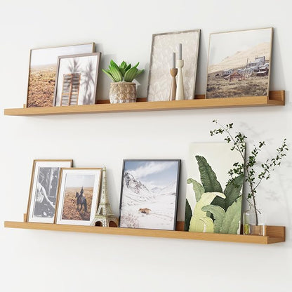 Picture Ledge Shelf, Floating Shelves Set of 2, 48 Inches Long Large Nursery Book Shelves for Toys Storage, Kids Bookshelf Wall Mounted for Living Room Bedroom Decor Books Photo Frames, Natural Oak