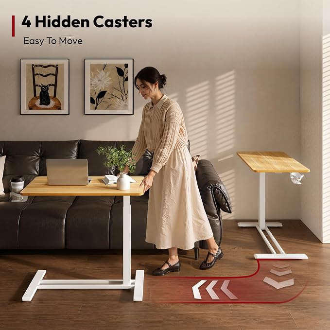 SANODESK Medical Adjustable Overbed Bedside Table with Hidden Casters, Pneumatic Mobile Laptop Computer Standing Desk Cart with Tray, Hospital and Home Use(27.6" W x 15.7" D, Maple)