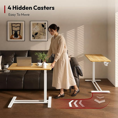 SANODESK Medical Adjustable Overbed Bedside Table with Hidden Casters, Pneumatic Mobile Laptop Computer Standing Desk Cart with Tray, Hospital and Home Use(27.6" W x 15.7" D, Maple)
