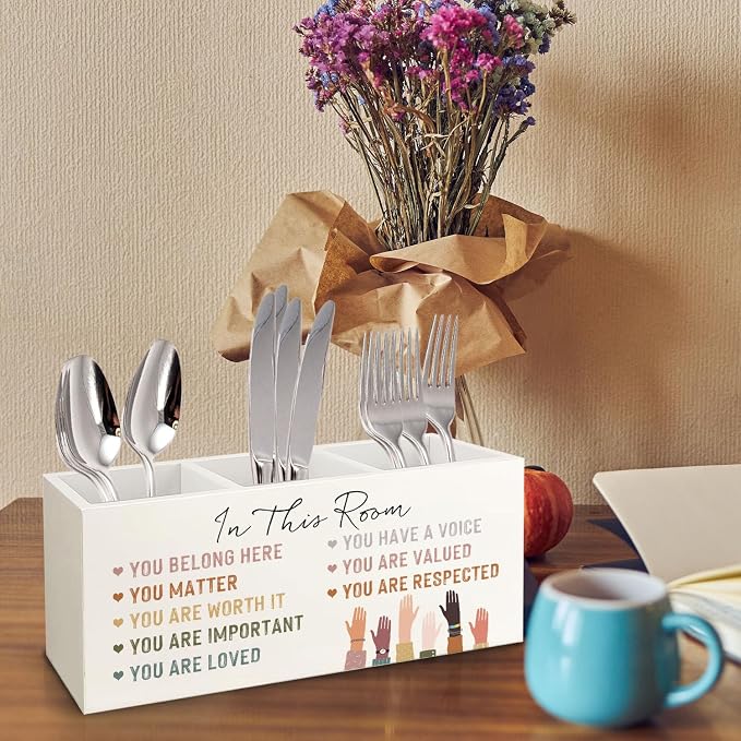 Inspirational Diversity Inclusive Wooden Pen Pencil Holder for Desk, Motivational Positive Affirmation Wood Makeup Brush Toothbrush Holder Organizer for Kids Room Playroom Classroom