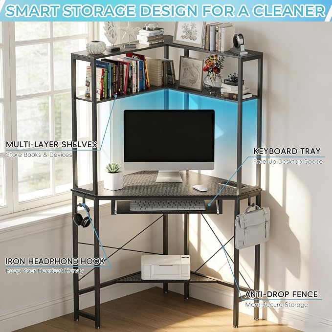 Corner Desk with Hutch and LED Lights, Corner Computer Desk with Keyboard Tray and Monitor Stand, Small Computer Desk for Small Spaces, Home Office（Carbon Black）