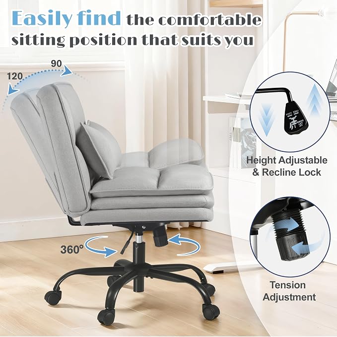 Furmax Criss Cross Legged Office Chair with Wheels, Armless Extra Wide Seat Swivel Desk Chair, Adjustable Height Comfy Task Chair with Thick Cushion for Home Office Bedroom Vanity (Fabric, Grey)