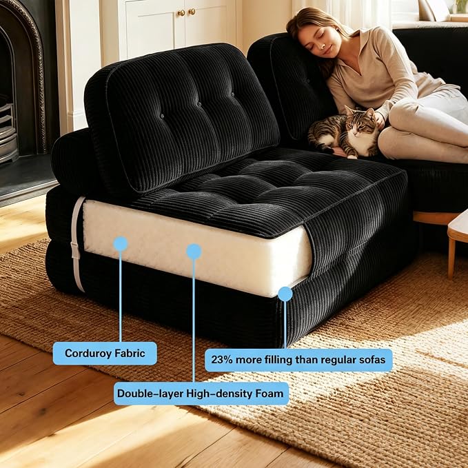 Folding Sofa Bed, Flannel Futon Couch Bed with Pillow and Blanket, Convertible Sleeper Chair for Living Room Bedroom (Two Black)