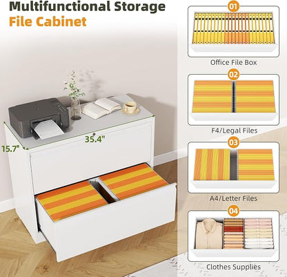 Lateral File Cabinet, 2 Drawer Metal File Cabinet with Lock, Lateral Filing Cabinet for Home Office, Office Organization Cabinet for Letter/Legal/F4/A4 Size,White