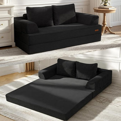 COMAX Futon Sofa Bed, Convertible Folding Sofa Bed, Boneless Couch Loveseat Corduroy with Pillows, Small Foldable Floor Couch Comfy Lounge Sleeper for Living Room Bedroom, Black
