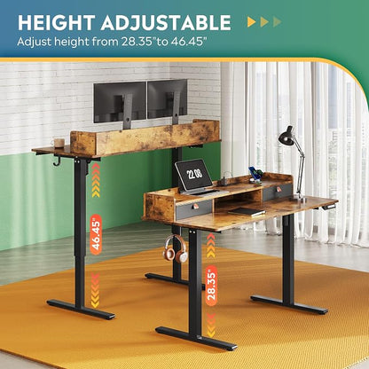 DEVAISE 55 Inch Electric Standing Desk with Shelf, Adjustable Computer Desk for Home Office, with LED Touchscreen，Headphone Hook, 3 Memory Preset, with One-Piece Desktop, Rustic Brown