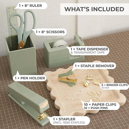 Aesthetic Desk Accessories Set - A Complete Desktop Organizer Set For Women Enhances Any Office Decor - An Office Supplies Kit w Gold Finish incl. Pen Holder, Scissors, Stapler, Tape Dispenser & More